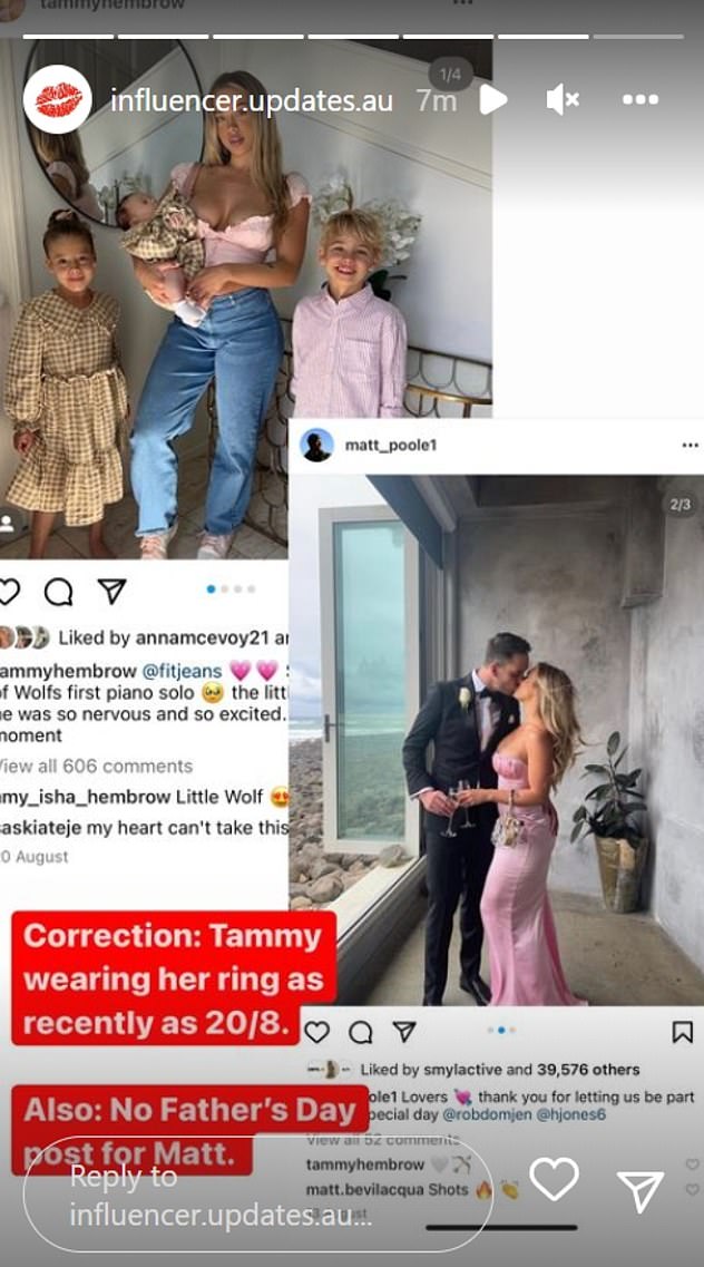 The account then noted that the last time Tammy wore her ring was 'as recently as 20/8' - almost a month ago