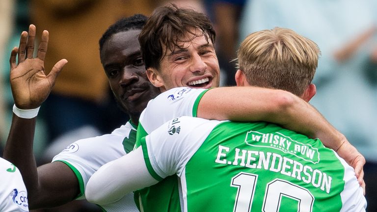 Joe Newell celebrates scoring Hibs&#39; winner