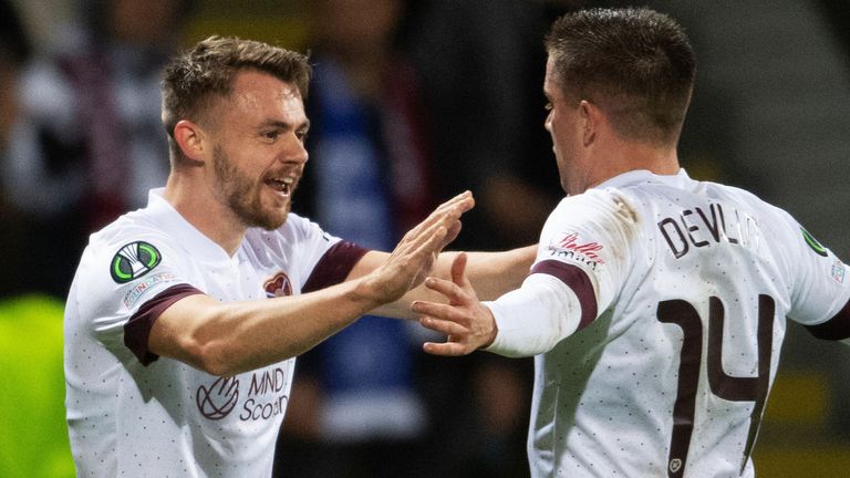 Hearts&#39; Alan Forrest celebrates scoring to make it 2-0 in Latvia