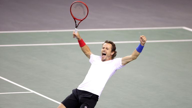 Netherlands&#39; Wesley Koolhof celebrates victory against Great Britain&#39;s Andy Murray and Joe Salisbury with Matwe Middelkoop during the Davis Cup by Rakuten group stage match at the Emirates Arena, Glasgow.