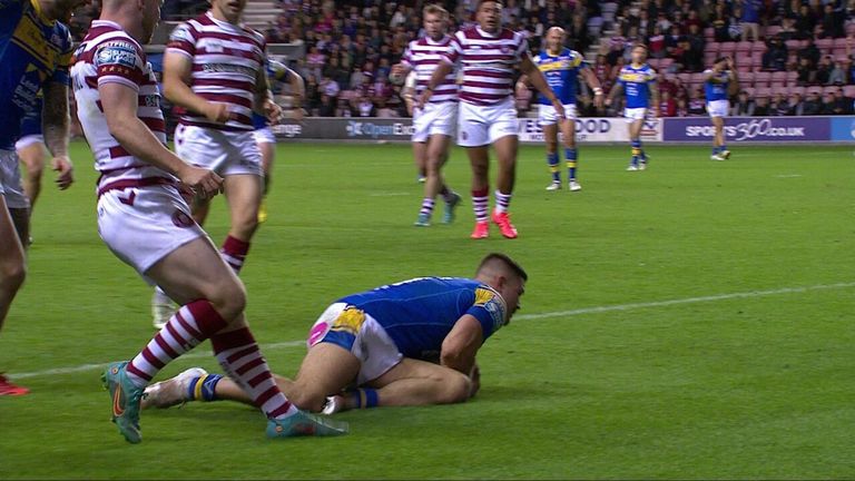 James Bentley with the try that extends Leeds' lead over Wigan. 