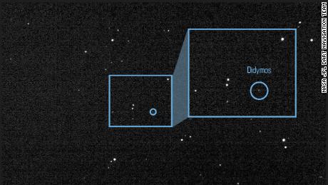 The light from asteroid Didymos and its moonlet Dimorphos is visible in a composite of 243 images taken by DRACO on July 27.