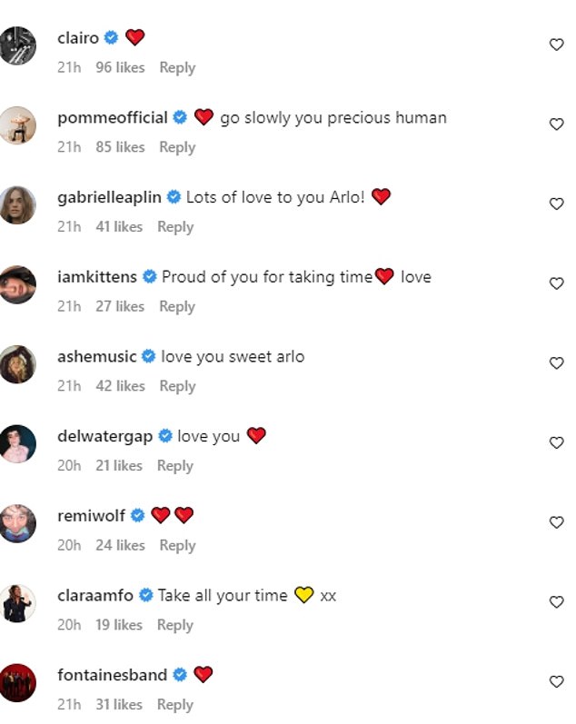 Support: A host of fellow musicians took to the comment section to show their support for Arlo, including singers Clairo and Gabriella Aplin, with the latter writing: 'Lots of love to you Arlo'