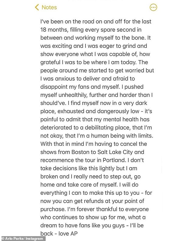 Open: Opening up about her detiorating mental health in the lengthy Instagram post, Arlo penned: 'I've been on the road on and off for the last 18 months, filling every spare second in between and working myself to the bone