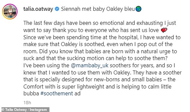 Feelings: While promoting and praising the use of soothers for her child, Talia penned: 'The last few days have been so emotional and exhausting I just want to say thank you to everyone who has sent us love'