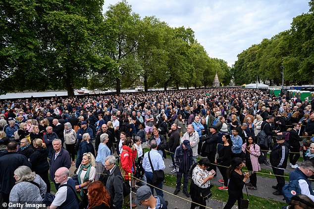 Crowds: Queues to see the late monarch doubled in length on Thursday and were snaking for four miles past Tower Bridge, after dropping to two miles overnight