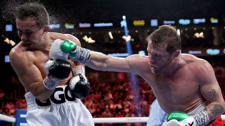 Canelo Alvarez, right, fights Gennady Golovkin in a super middleweight title boxing match, Saturday, Sept. 17, 2022, in Las Vegas. (AP Photo/John Locher)