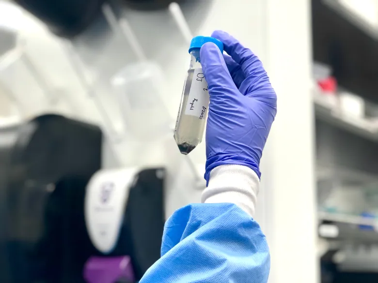 A hand holds up a test tube with dirty liquid inside.