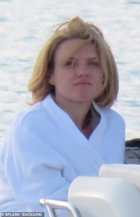 On set: The actor was joined on set by co-star Erin Richards (pictured) who plays his ex-girlfriend Kelly Fisher as they boarded a yacht in Mallorca