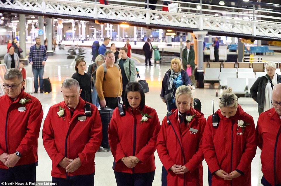 LNER members of staff were pictured observing the silence at Newcastle Central Station in memory of Queen Elizabeth II