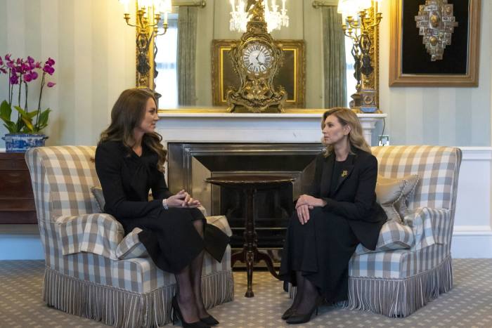 Catherine, Princess of Wales, meets Ukraine’s first lady, Olena Zelenska, at Buckingham Palace