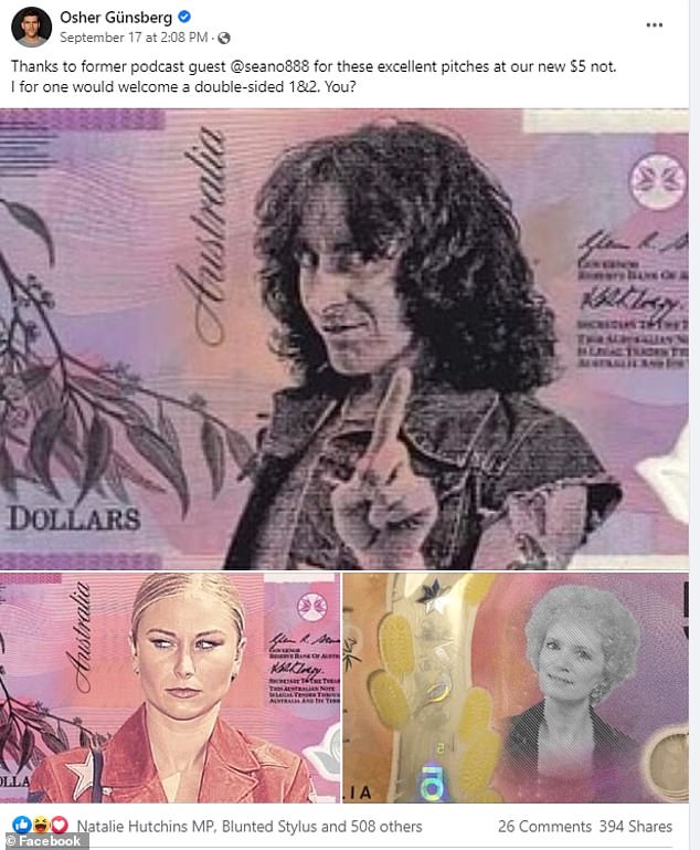 He posted a mock-up on Facebook of what such a note would look like, alongside several other fan-made suggestions including Bon Scott from AC/DC (top) and the character Kath Day-Knight from the ABC sitcom Kath & Kim (bottom right)