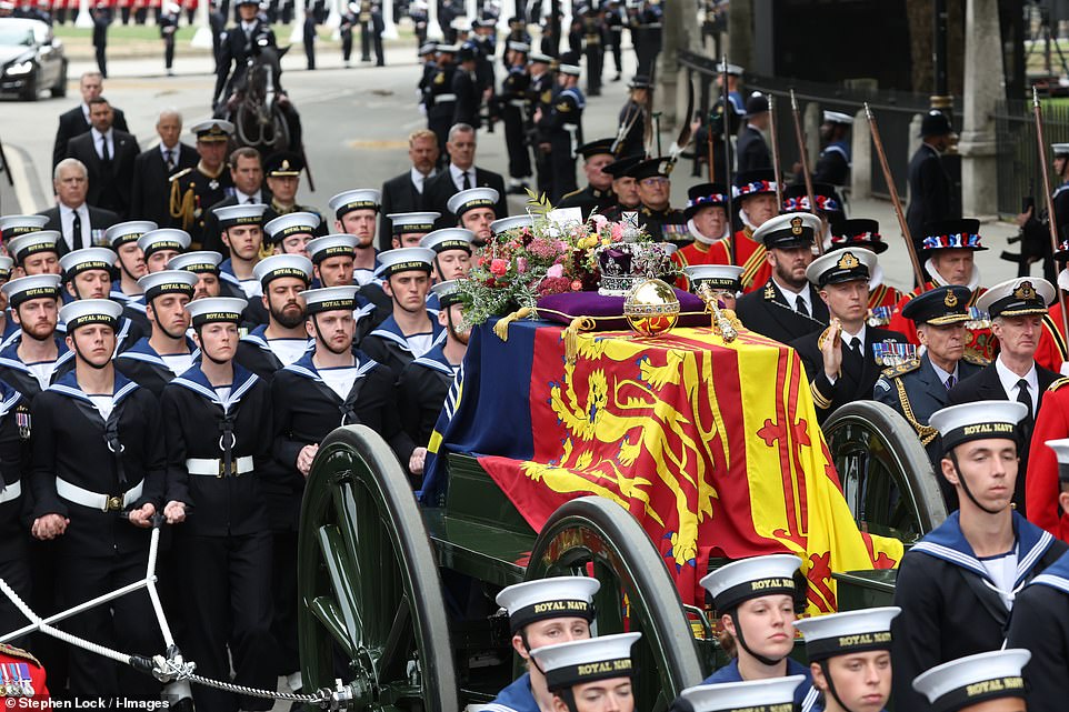 The Queen is carried to Westminster Abbey - the scene of her coronation and wedding - for her state funeral today