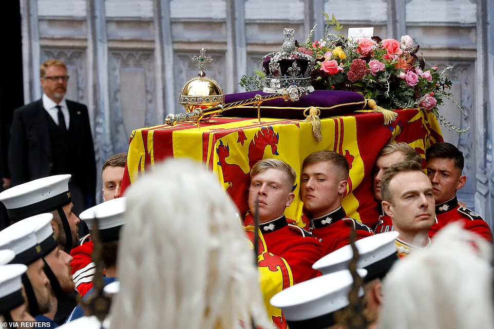 The coffin of Queen Elizabeth II with the Imperial State Crown resting on top