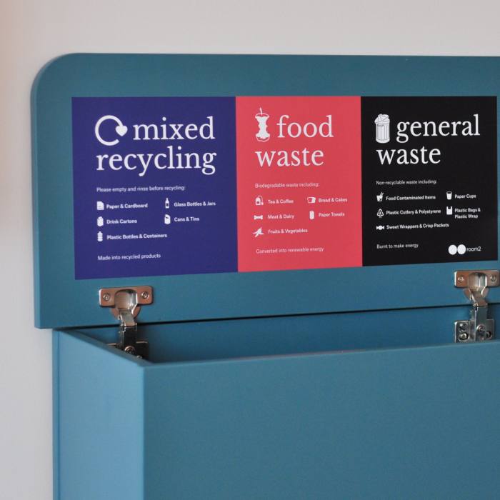 A recycling bin in a room at room2