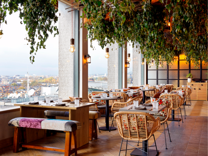 The dining space at the Treehouse’s top-floor Mexican restaurant, Madera, with greenery hanging from the ceiling 