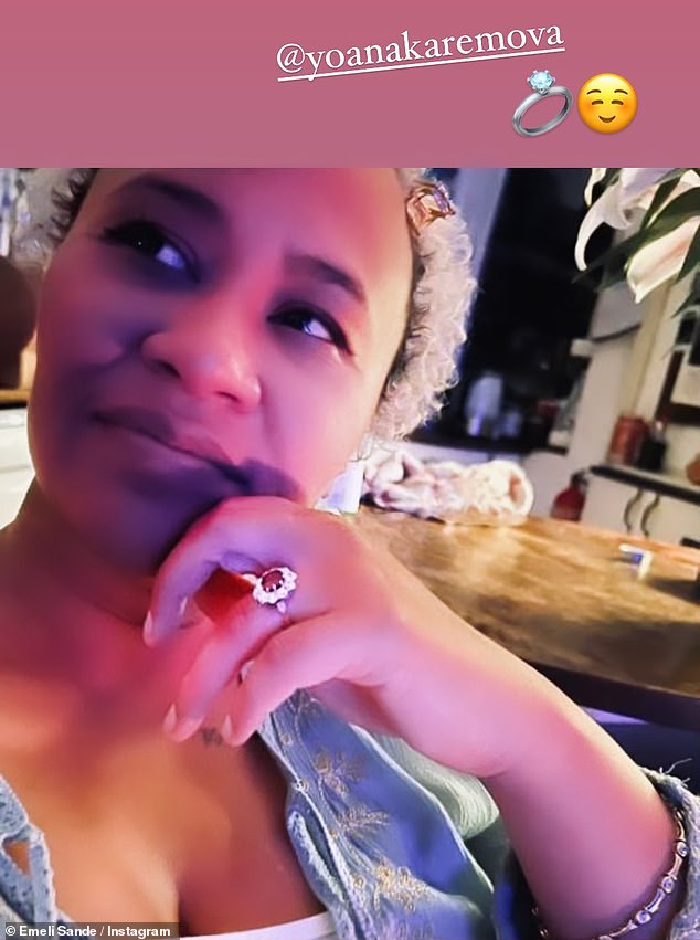 Congratulations! Emeli showed off her dazzling diamond and ruby engagement ring as she shared a selfie as a newly-engaged woman