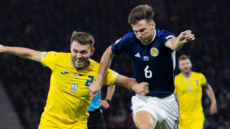 Scotland&#39;s Kieran Tierney and Ukraine&#39;s Valeriy Bondar during Nations League match