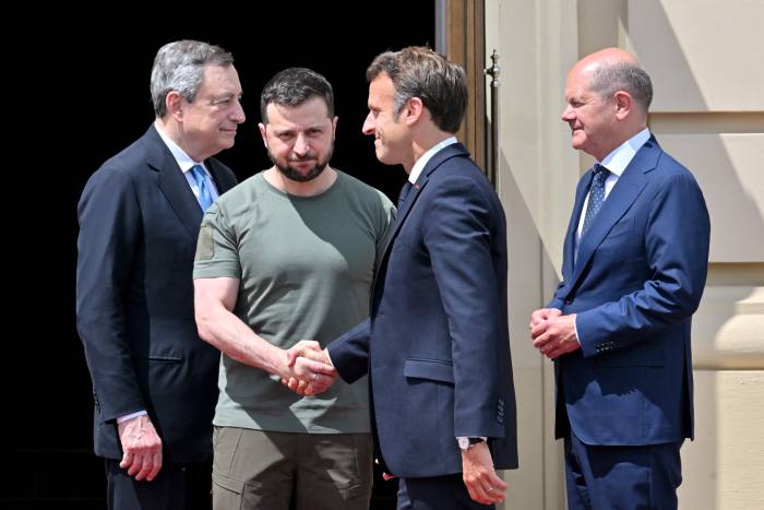 Mario Draghi, Volodymyr Zelenskyy, Emmanuel Macron and Olaf Scholz in Kyiv in June. As Italy’s prime minister, Draghi’s personal reputation and commitment to the transatlantic relationship gave him a leading role in EU decision-making