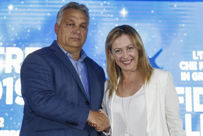 Hungarian prime minister Viktor Orbán with Giorgia Meloni in 2019. The Brothers of Italy leader appears ready to side with other nationalist conservative leaders in their disputes with Brussels