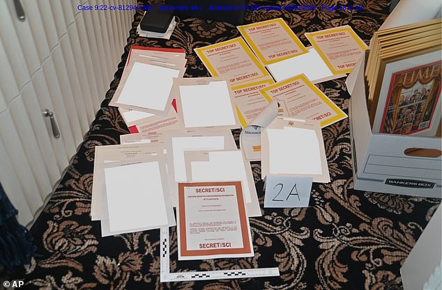 Documents seized during the search of Trump's estate on August 8 are pictured on August 30. Trump's lawyers have declined to say in legal filings whether Trump had ordered them declassified while he was in office and had the authority