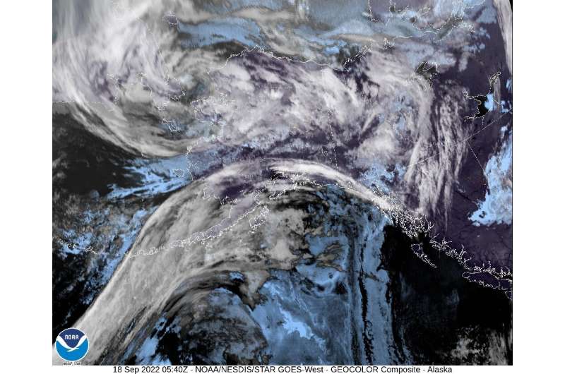 This handout satellite image from NOAA/NESDIS/STAR GOES shows a storm off the western coast of Alaska early on September 18, 202