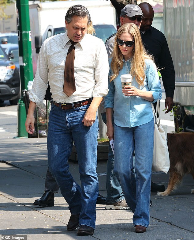 Amanda Seyfried and husband Thomas Sadoski are seen hanging with their dog Finn on set in NYC