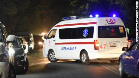 An ambulance moves on a street near a military hospital in Yerevan, Armenia, following night border clashes on September 13, 2022.