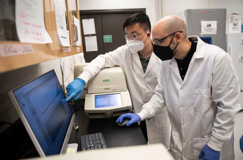 Two men pore over a laboratory screen.