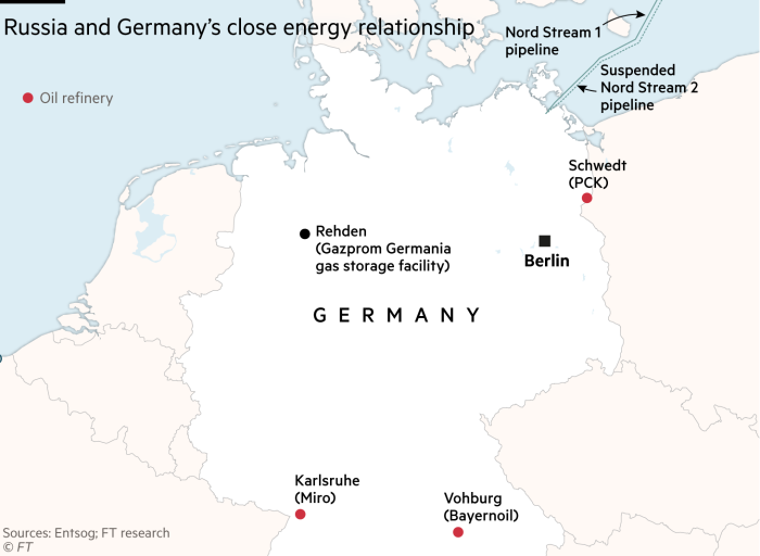 Map showing Russia and Germany’s close energy relationship plus oil refineries