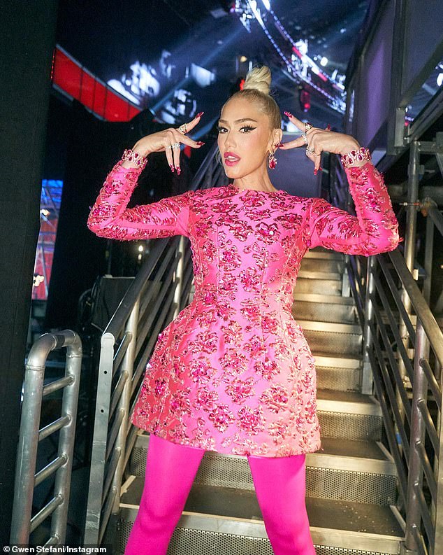 Gwen Stefani cuts a fashionable figure in pink dress and tights in promotional photos from The Voice