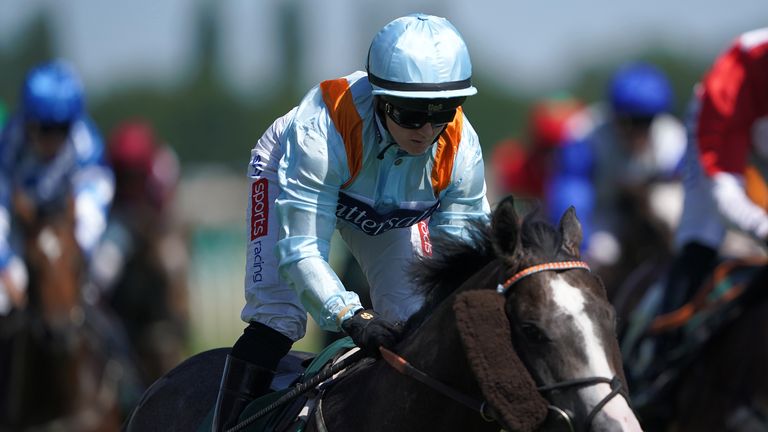 Hollie Doyle riding Eddie&#39;s Boy to victory in the Super Sprint Stakes at Newbury