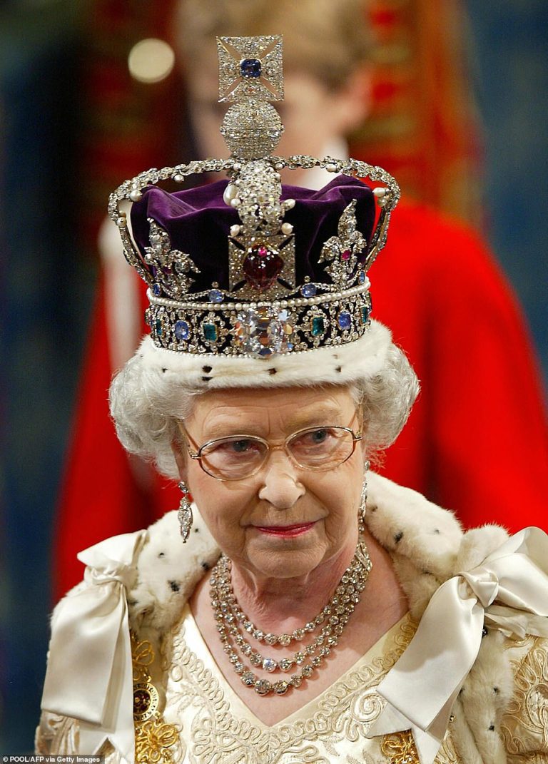 Imperial State Crown laid upon the Queen’s coffin as it lies in state at Westminster Hall