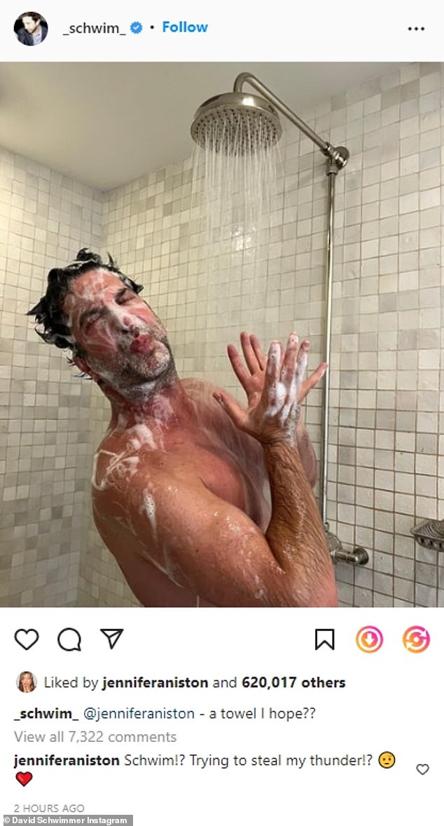 Jennifer Aniston playfully comments on David Schwimmer’s shower snap