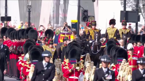 Prince William, King Charles III, Princess Anne, and Prince Harry follow the coffin of Queen Elizabeth II during a procession from Buckingham Palace to Westminster Hall on September 14, 2022.