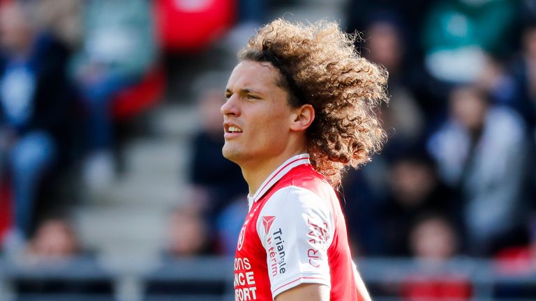 Wout Faes #2 of Stade de Reims looks on during the Ligue 1 Uber Eats match between Reims and Rennes at Stade Auguste Delaune on April 9, 2022 in Reims, France.