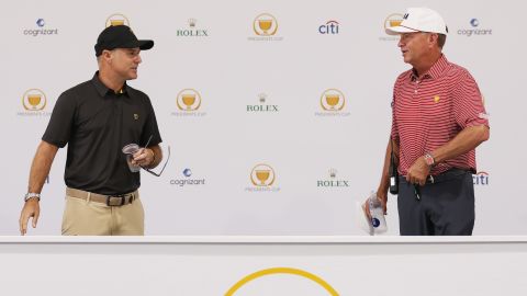 Immelman and opposing captain Davis Love III speak during a press conference prior to the tournament.