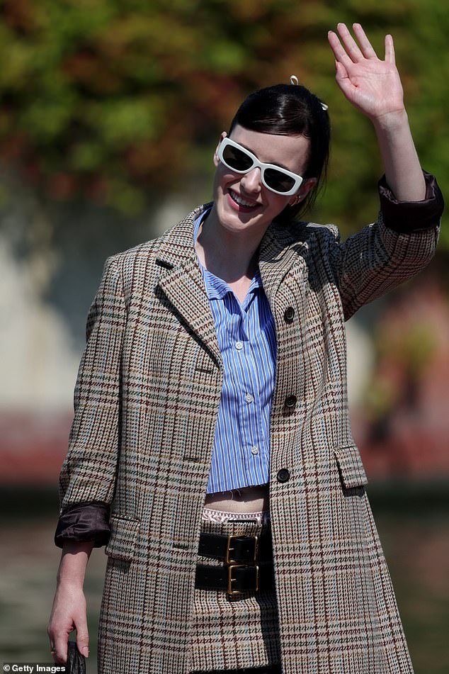 Rachel Brosnahan is the epitome of chic in a tweed mini skirt and a coat in Venice