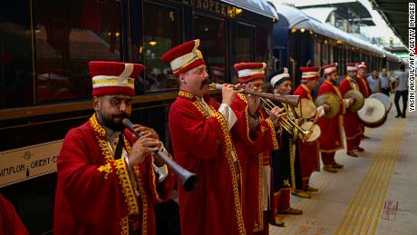 The Venice Simplon-Orient-Express is greeted by the Turkish Mehter band (Ottoman Janissary Band) on Wednesday as it arrives in Istanbul, completing its annual voyage along a mythical route that takes it across Europe from Paris. 