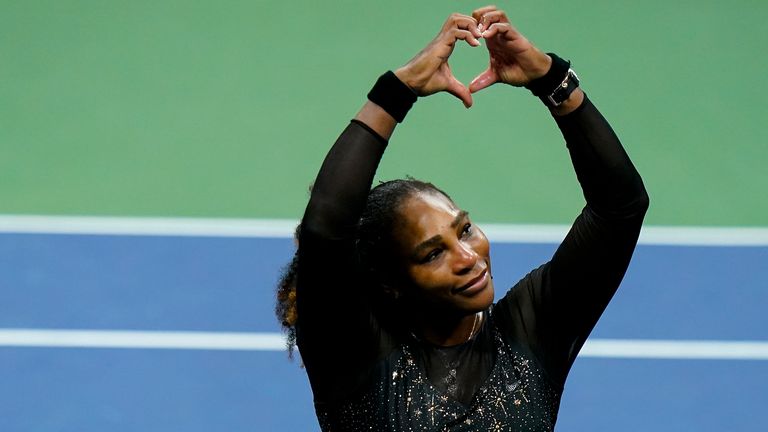 Serena Williams, of the United States, motions a heart to fans after losing to Ajla Tomljanovic, of Austrailia, during the third round of the U.S. Open tennis championships, Friday, Sept. 2, 2022, in New York. (AP Photo/Frank Franklin II)