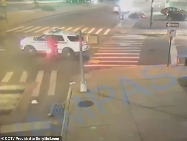 Shocking moment moped being chased by police slams into NYPD squad car exploding on impact