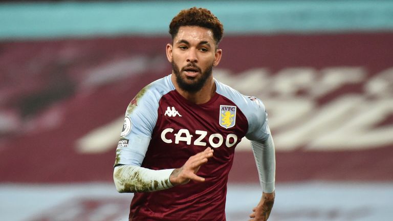 Aston Villa&#39;s Douglas Luiz during the English Premier League soccer match between Aston Villa and Tottenham Hotspur at Villa Park in Birmingham, England, Sunday, March 21, 2021.