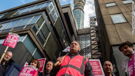 BT workers on strike over  pay on August 30 in London, England.