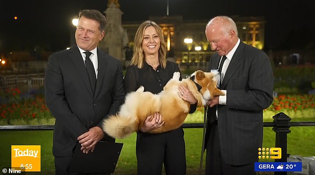 The Today show: Corgi gets excited with Allison Langdon, Karl Stefanovic outside Buckingham Palace