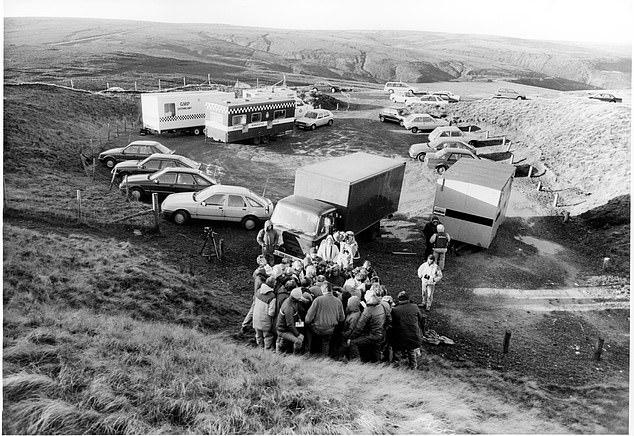 Over the years, Greater Manchester Police have used geologists, geophysicists, archaeologists and anthropologists to help them look for Keith’s body. Police are pictured giving a press conference in 1987 after the discovery of graves