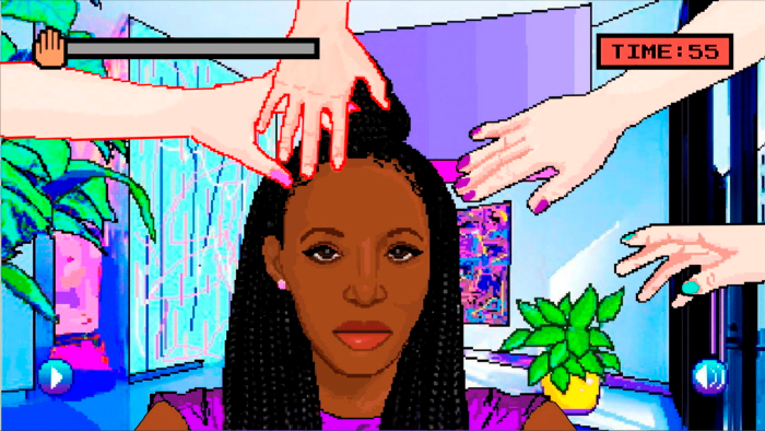 An image from a video game shows a black woman’s head surrounded by white hands trying to touch her hair