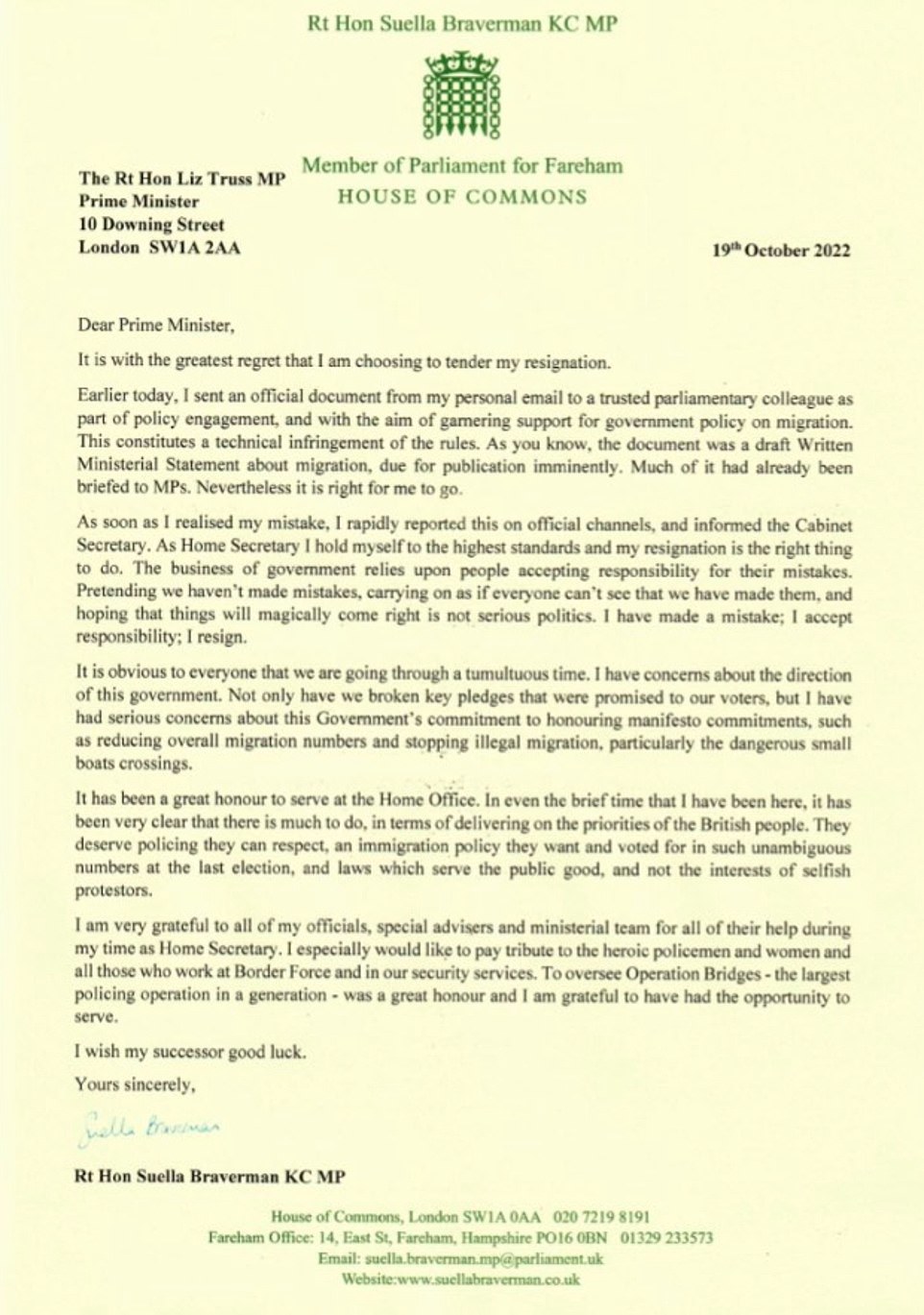 In a letter, Ms Braverman said she was resigning for breaching processes by sending an email from her personal account about a forthcoming ministerial statement on immigration