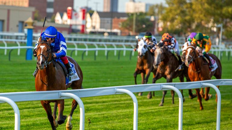 Nations Pride and Frankie Dettori stretch away from their rivals in the Jockey Club Derby Invitational Stakes