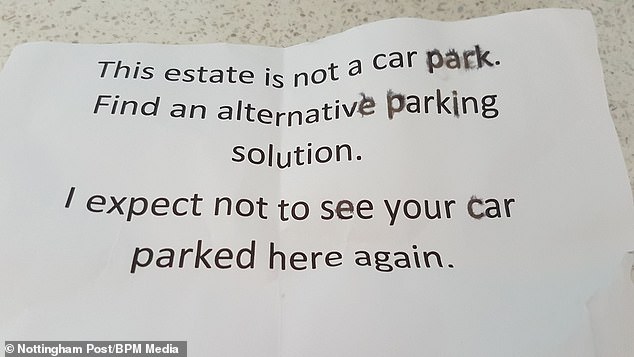 The receptionist claimed she had not done 'anything wrong' as the street was not private and she was not blocking anyone else's car (Pictured: the note which Ms Melvin received)