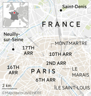 Map showing Paris and surrounding areas in France